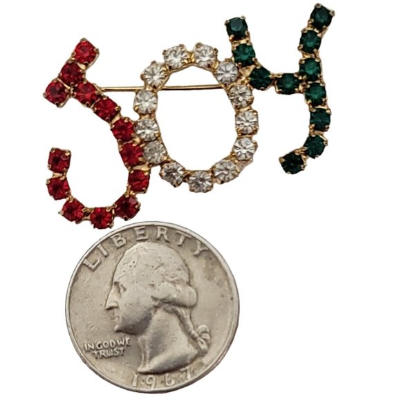 Gold Tone Red Green Clear Prong Rhinestone JOY Brooch Pin K827 - Picture 4 of 7